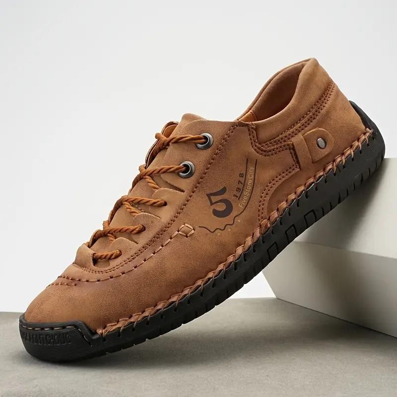 Men’s Casual Tan Leather Shoes – Lightweight Synthetic Lace-Up with Rubber Sole