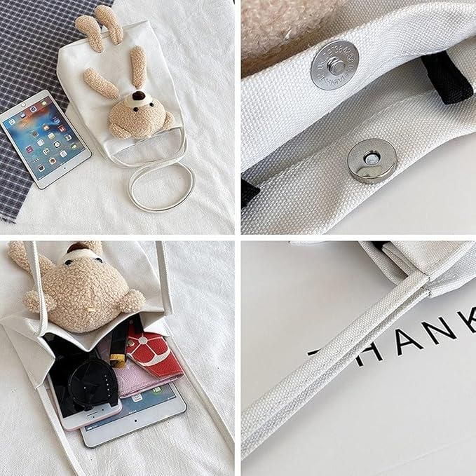 Cute Kawaii Shoulder Tote Handbag with Teddy Bear – Plush Casual Bag for Women