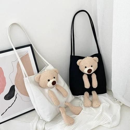 Cute Kawaii Shoulder Tote Handbag with Teddy Bear – Plush Casual Bag for Women