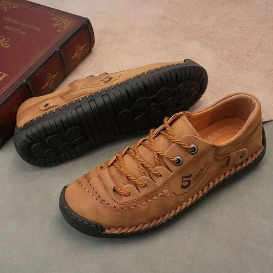 Men’s Casual Tan Leather Shoes – Lightweight Synthetic Lace-Up with Rubber Sole