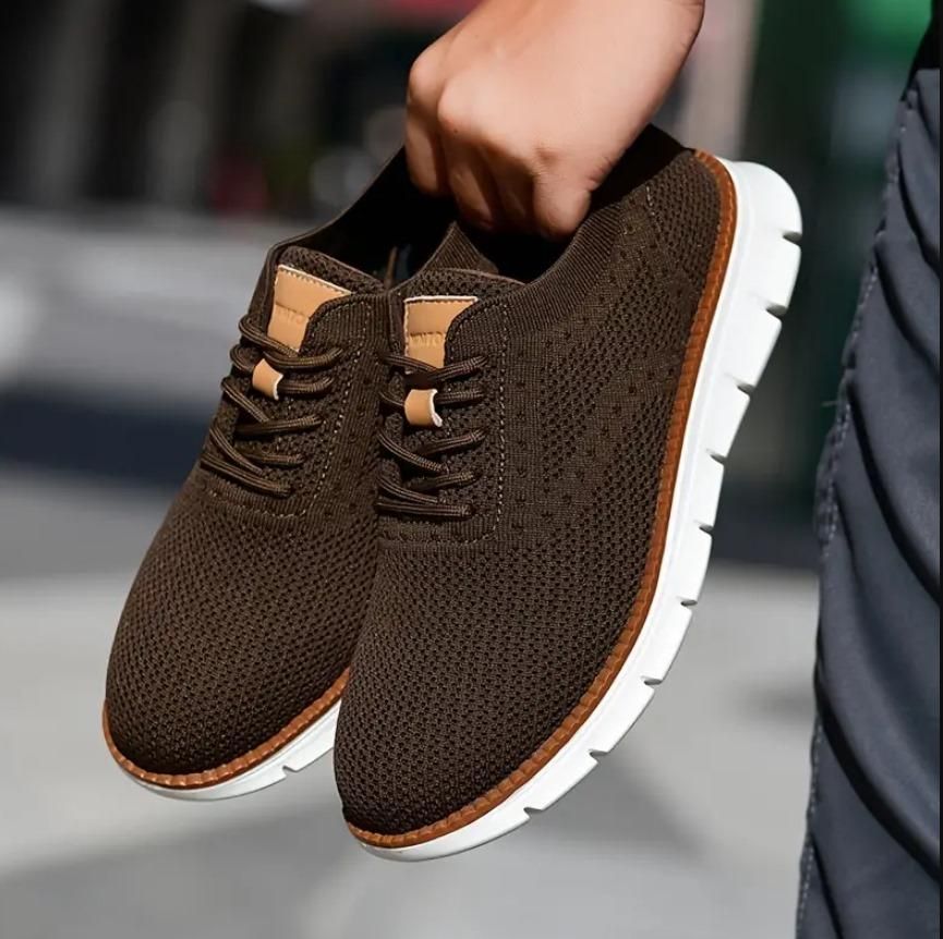 Men’s Comfortable Casual Shoes – Brown Mesh Lace-Up Sneakers with Rubber Sole