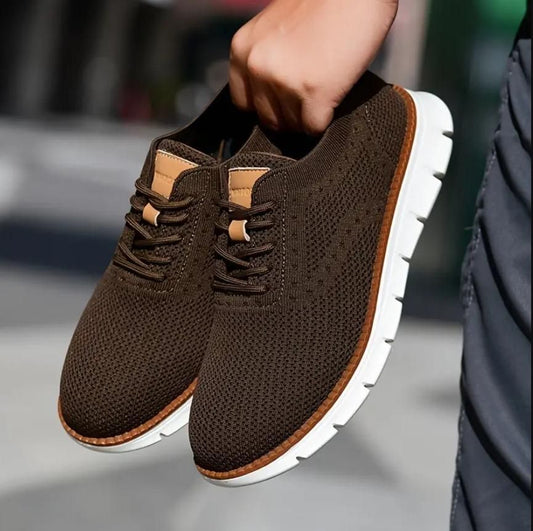 Men’s Comfortable Casual Shoes – Brown Mesh Lace-Up Sneakers with Rubber Sole