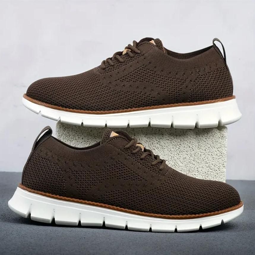 Men’s Comfortable Casual Shoes – Brown Mesh Lace-Up Sneakers with Rubber Sole