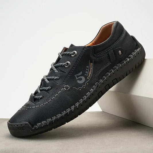 Men’s Casual Black Leather Shoes – Lightweight Synthetic Lace-Up with Rubber Sole