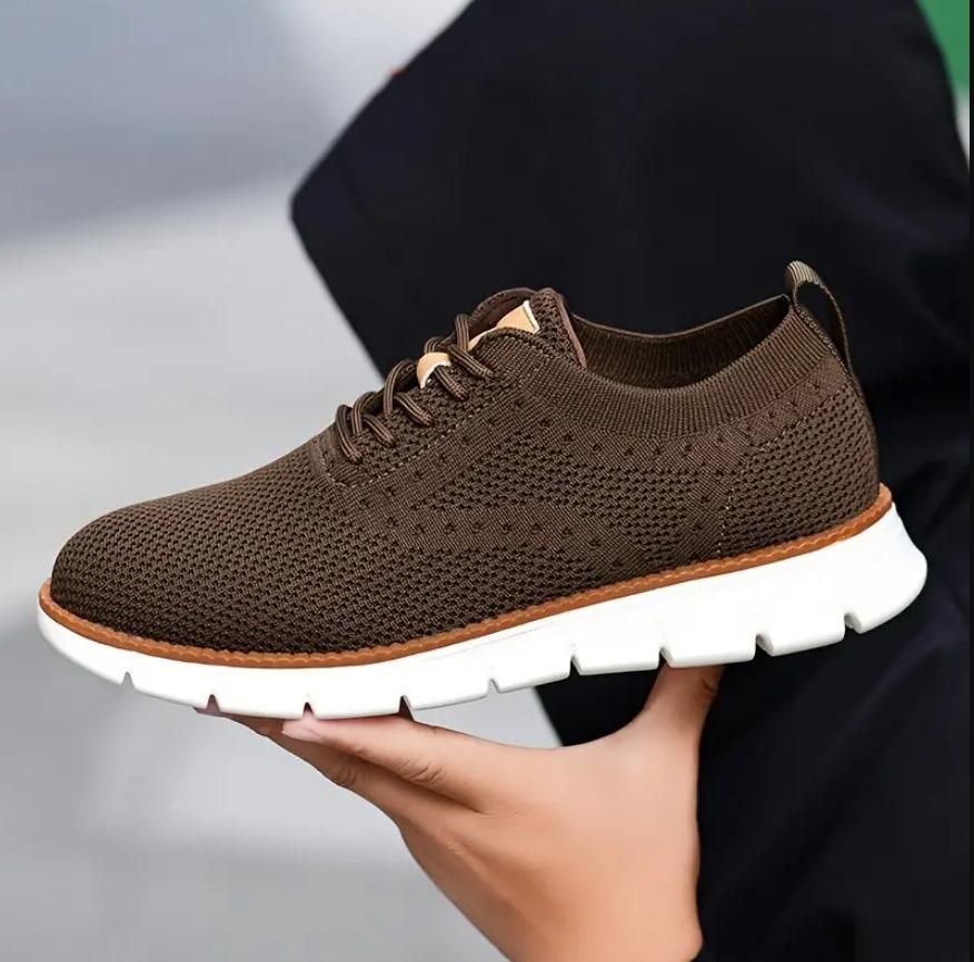 Men’s Comfortable Casual Shoes – Brown Mesh Lace-Up Sneakers with Rubber Sole