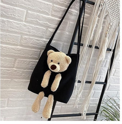 Cute Kawaii Shoulder Tote Handbag with Teddy Bear – Plush Casual Bag for Women