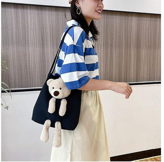 Cute Kawaii Shoulder Tote Handbag with Teddy Bear – Plush Casual Bag for Women