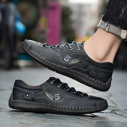 Men’s Casual Black Leather Shoes – Lightweight Synthetic Lace-Up with Rubber Sole