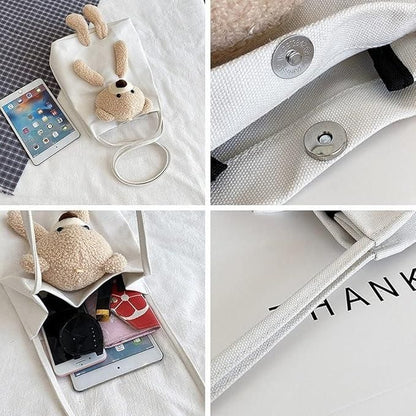 Cute Kawaii Shoulder Tote Handbag with Teddy Bear – Plush Casual Bag for Women