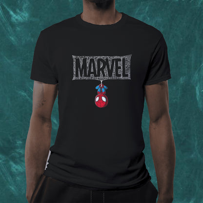 Marvel Spider-Man Hanging Tee: Classic Black Graphic Shirt